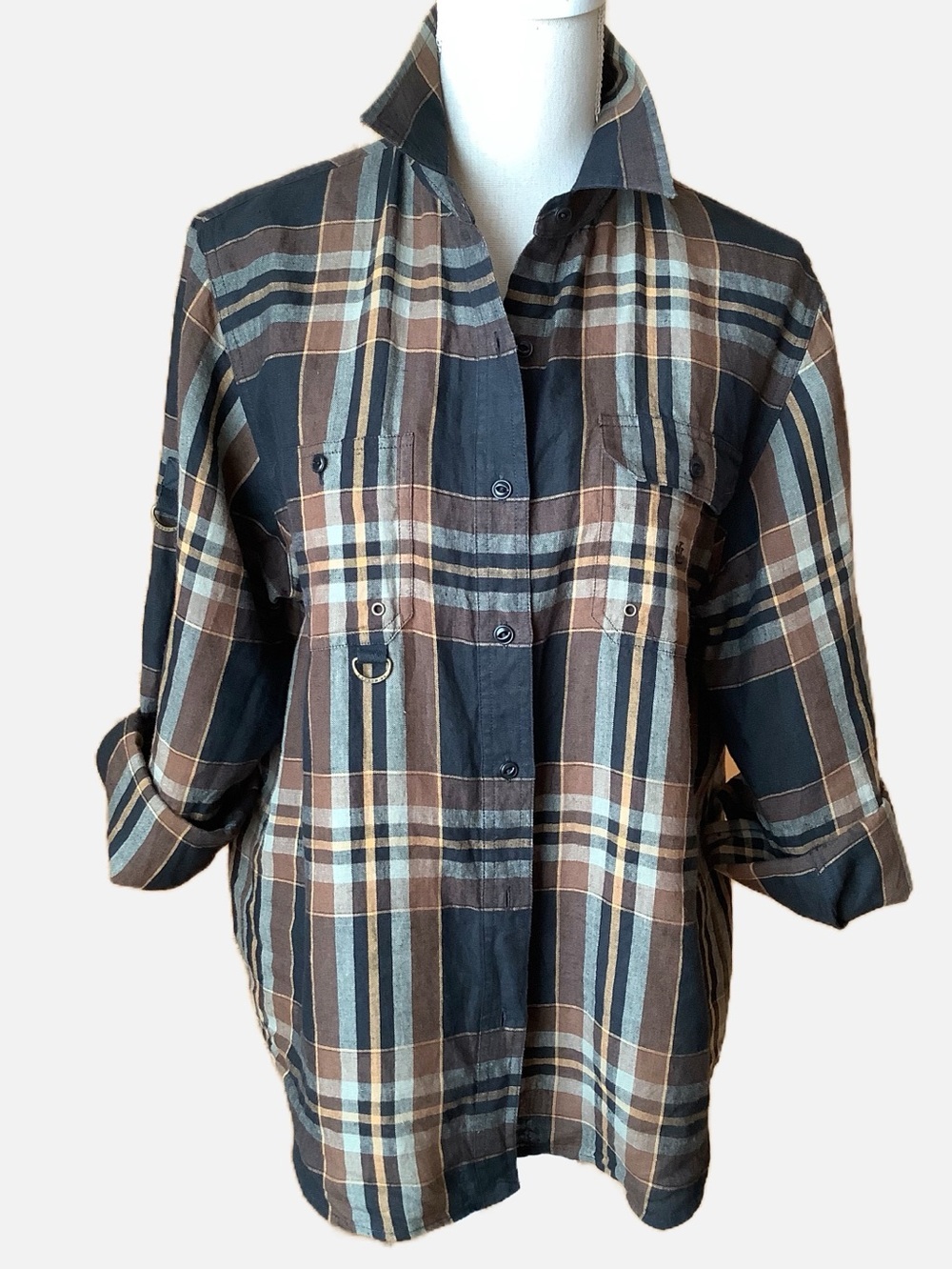 Lauren Ralph Lauren Linen Plaid Button Down Shirt L Brown Black Checkered Top